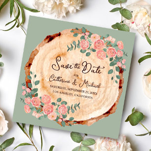 Rustic Wood Bark Rings Watercolor Pink Roses Green Save The Date