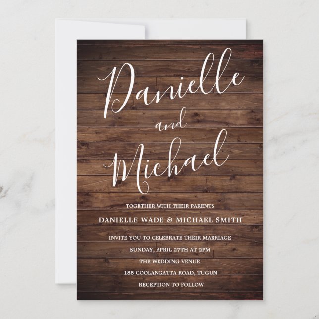 Rustic Wood Barn Typographic Simple Wedding Invitation (Front)
