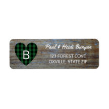 Rustic Wood Barn Wedding Label | Green Plaid Heart