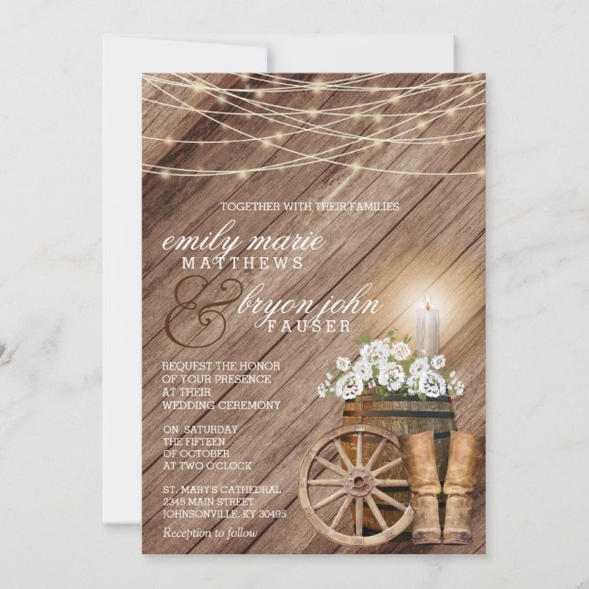 Rustic Wood Barrel and String Lights Invitation (Front)