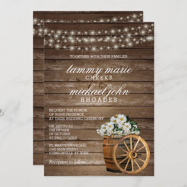 Rustic Wood Barrel and White Flower Invitation (Front/Back)
