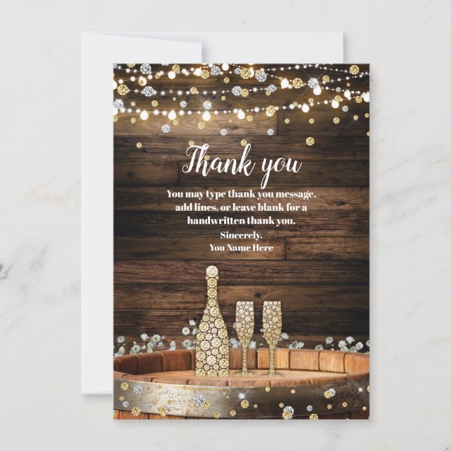 Rustic Wood Barrel Champagne Wine Glass Thank You  Invitation (Front)