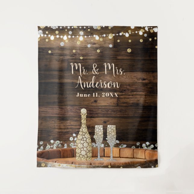 Rustic Wood Barrel Lights Champagne & Babys Breath Tapestry (Front)