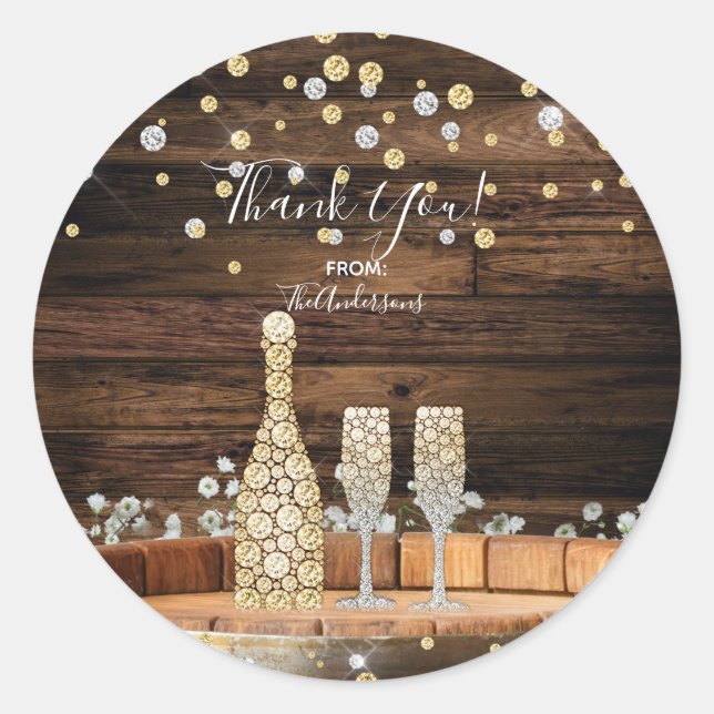 Rustic Wood Barrel Lights Champagne Modern Party Classic Round Sticker (Front)