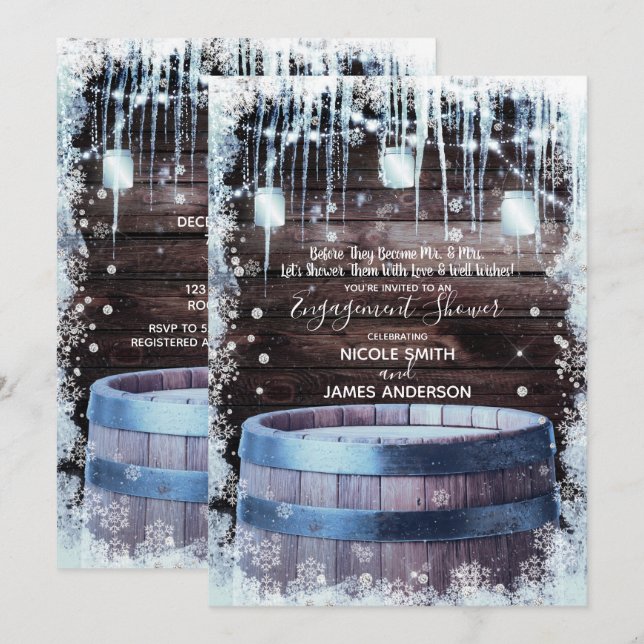 Rustic Wood Barrel & Lights Winter Barn Engagement Invitation (Front/Back)