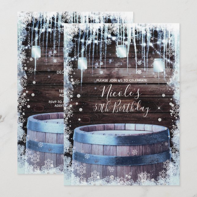 Rustic Wood Barrel & Lights Winter Birthday Party Invitation (Front/Back)