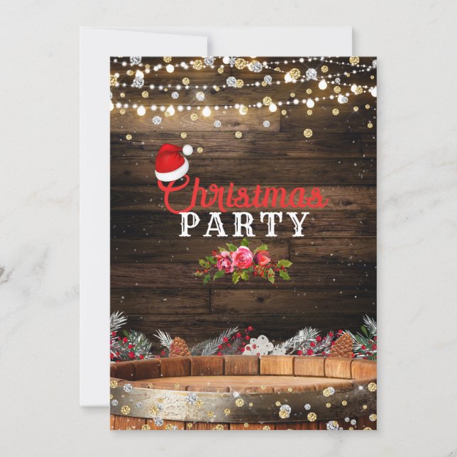 Rustic Wood Barrel Lights Winter Floral Christmas Invitation (Front)