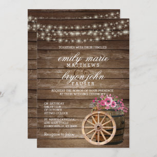 Rustic Wood Barrel Wedding with Pink Floral Invitation