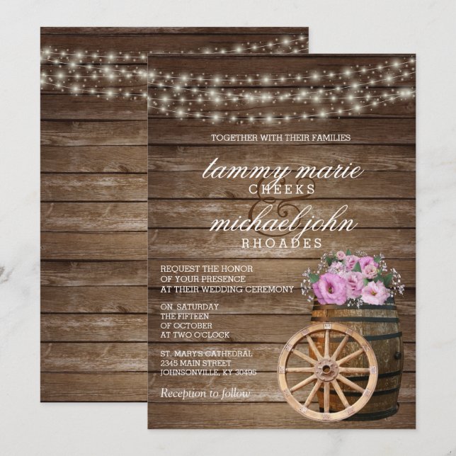 Rustic Wood Barrel Wedding with Pretty Pink Floral Invitation (Front/Back)