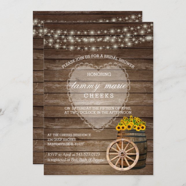 Rustic Wood Barrel Wedding with Sunflowers Invitation (Front/Back)