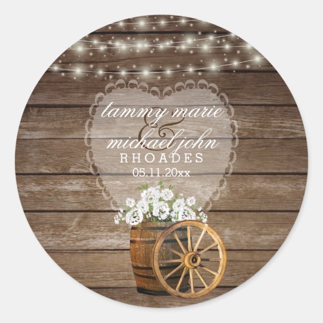 Rustic Wood Barrel Wedding with White Flowers Classic Round Sticker (Front)