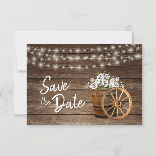 Rustic Wood Barrel White Flowers - Save The Date (Front)