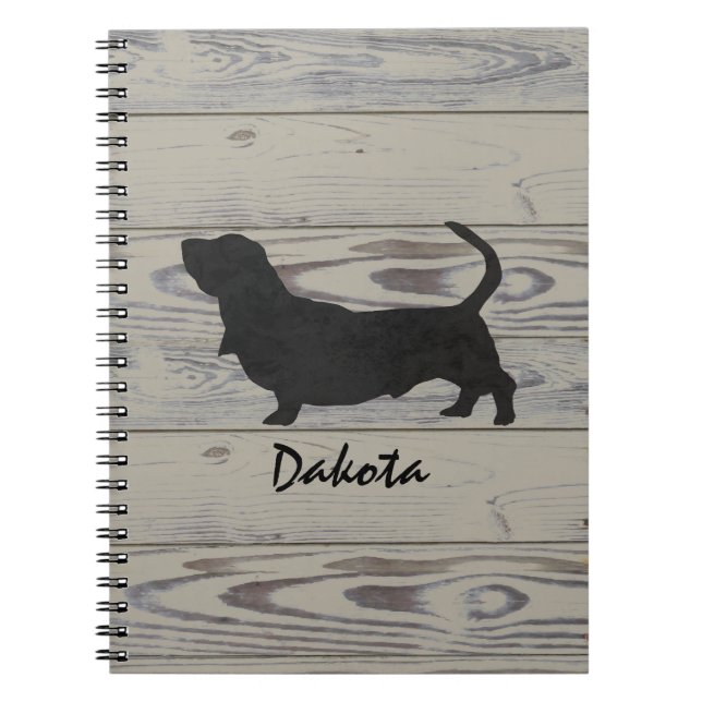 Rustic Wood Basset Hound Watercolor Silhouette Notebook (Front)