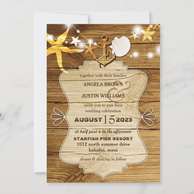 Rustic Wood Beach Starfish Nautical Wedding Invitation (Front)