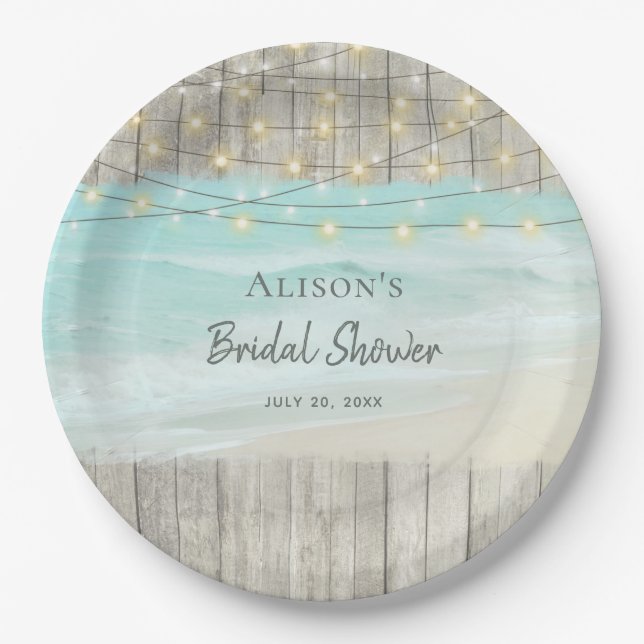 Rustic Wood Beach String Lights Bridal Shower Paper Plate (Front)