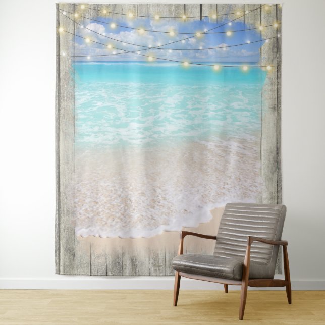 Rustic Wood Beach Wedding Backdrop Tapestry (In Situ)
