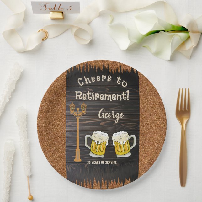 Rustic Wood & Beer & Leather Happy Retirement Paper Plate (Wedding)