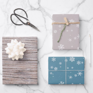 Rustic Wood Beige Blue Snowflake Pattern Christmas Wrapping Paper Sheet