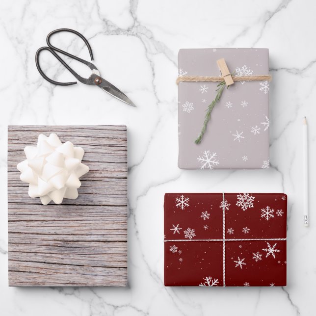 Rustic Wood Beige Red Snowflake Pattern Christmas Wrapping Paper Sheet (Front)