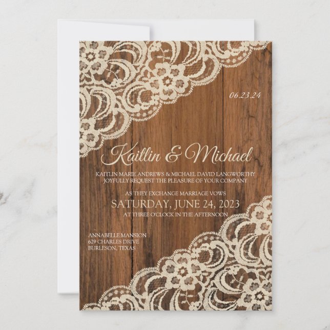 Rustic Wood & Beige / Tan Lace Wedding Invitation (Front)