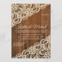 Rustic Wood & Beige / Tan Lace Wedding Invitation
