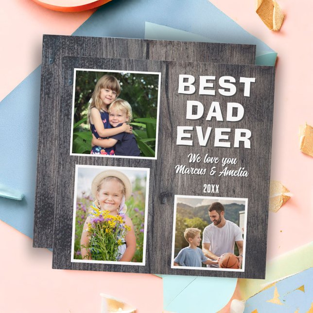 Rustic Wood Best Dad 3 Photo Collage Father's Day  Holiday Card (Creator Uploaded)