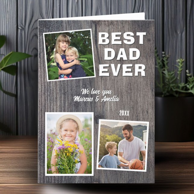 Rustic Wood Best Dad 3 Photo Collage Father's Day  Holiday Card (Creator Uploaded)