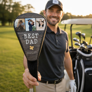 Rustic Wood Best Dad 3 Photo Collage Keepsake Golf Head Cover