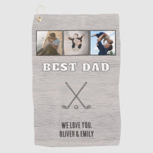 Rustic Wood Best Dad 3 Photo Collage Keepsake Golf Towel