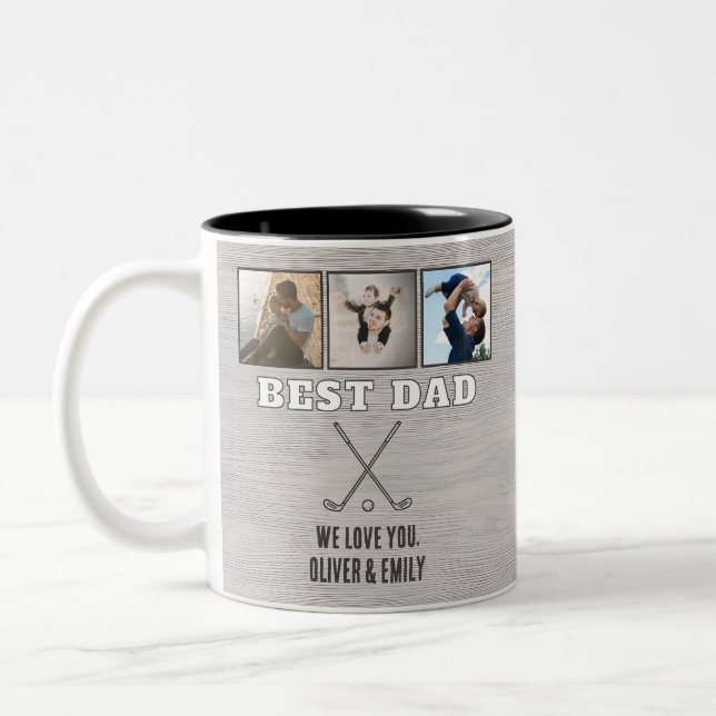 Rustic Wood Best Dad 3 Photo Collage Keepsake Golf Two-Tone Coffee Mug (Left)