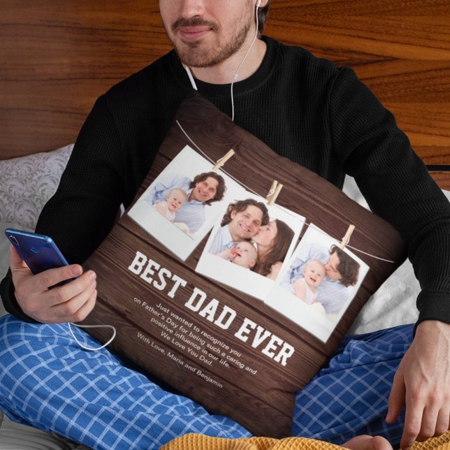 Rustic Wood Best Dad Ever 3 Photo Collage Cushion (Creator Uploaded)