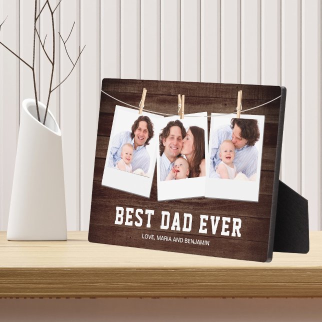 Rustic Wood Best Dad Ever 3 Photo Collage Plaque (Creator Uploaded)
