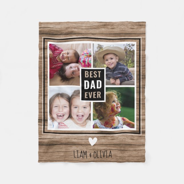 Rustic Wood Best Dad Ever 4 Photo Collage Fleece Blanket (Front)