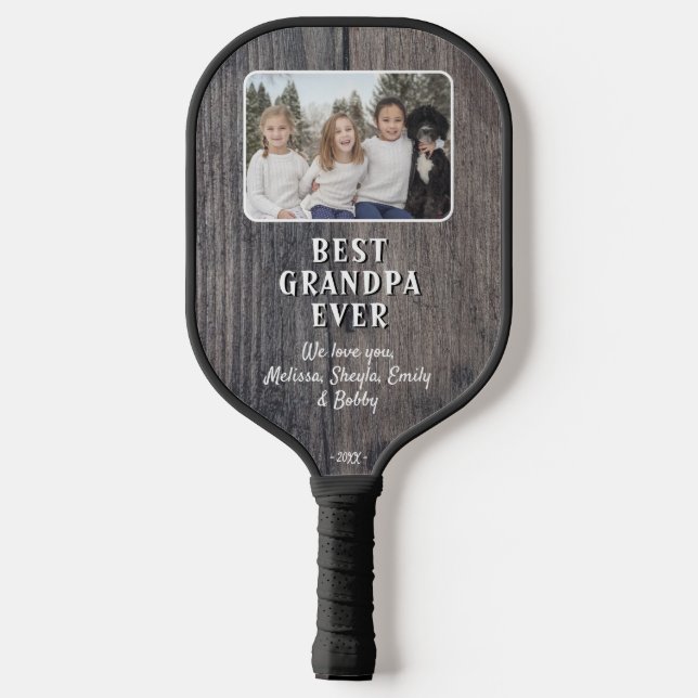 Rustic Wood Best Grandpa Ever Grandchildren Photo  Pickleball Paddle (Back)