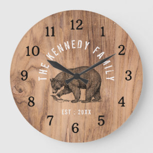 Rustic Wood Black Bear Cabin House Family Name   Large Clock