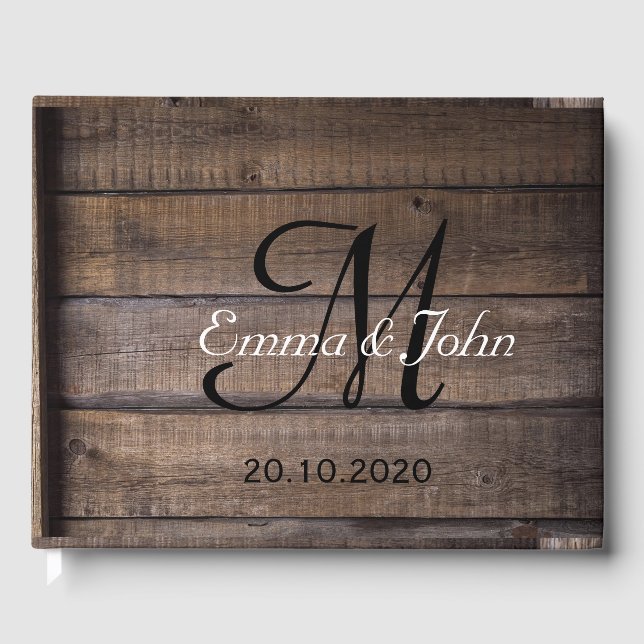 Rustic Wood Black Monogram Wedding Guest Book (Front)