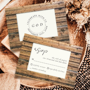 Rustic Wood Black White Ivory Elegant Wedding RSVP Card