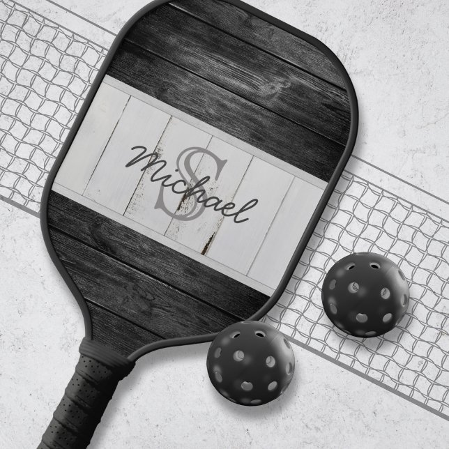 Rustic Wood Black White Monogram Pickleball Paddle (Creator Uploaded)