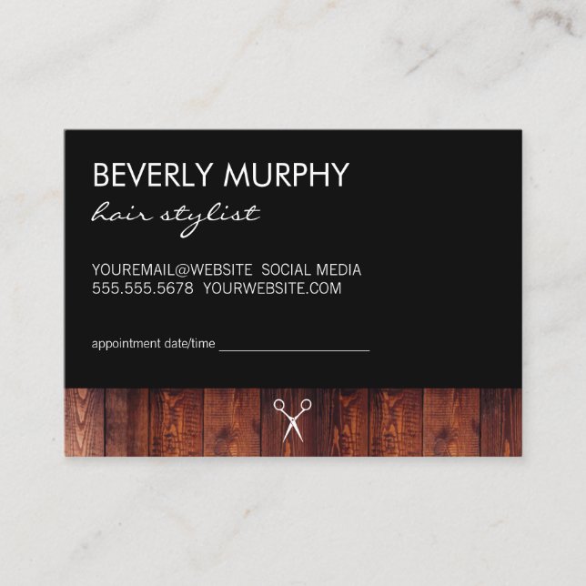Rustic Wood Black with Shear Logo Appointment Card (Front)