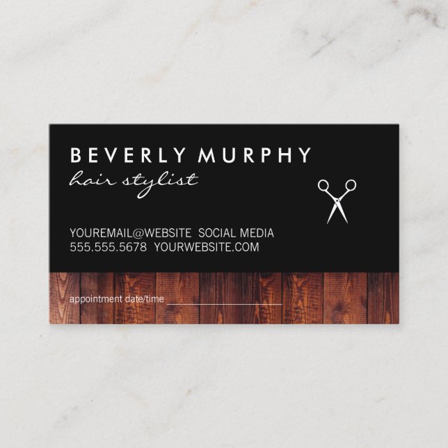 Rustic Wood Black with Shear Logo Appointment Card (Front)
