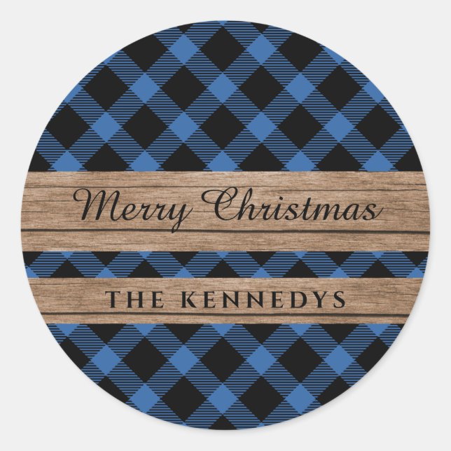 Rustic Wood Blue and Black Buffalo Plaid Christmas Classic Round Sticker (Front)