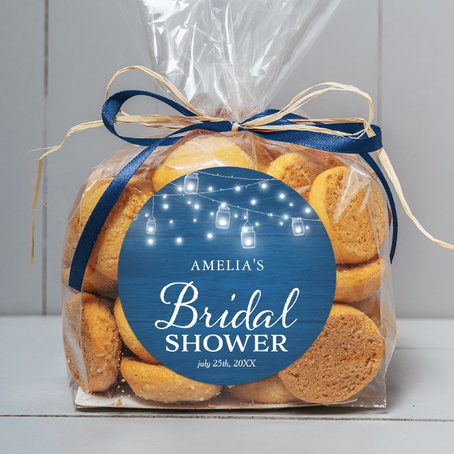 Rustic Wood Blue Bridal Shower Mason Jars Lights Classic Round Sticker (Creator Uploaded)