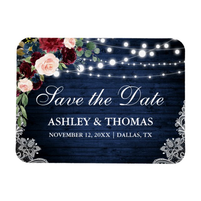 Rustic Wood Blue Burgundy Floral Save the Date Magnet (Horizontal)