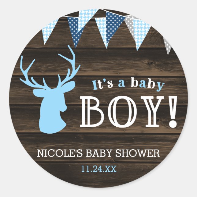 Rustic Wood Blue Deer Boy Baby Shower Classic Round Sticker (Front)