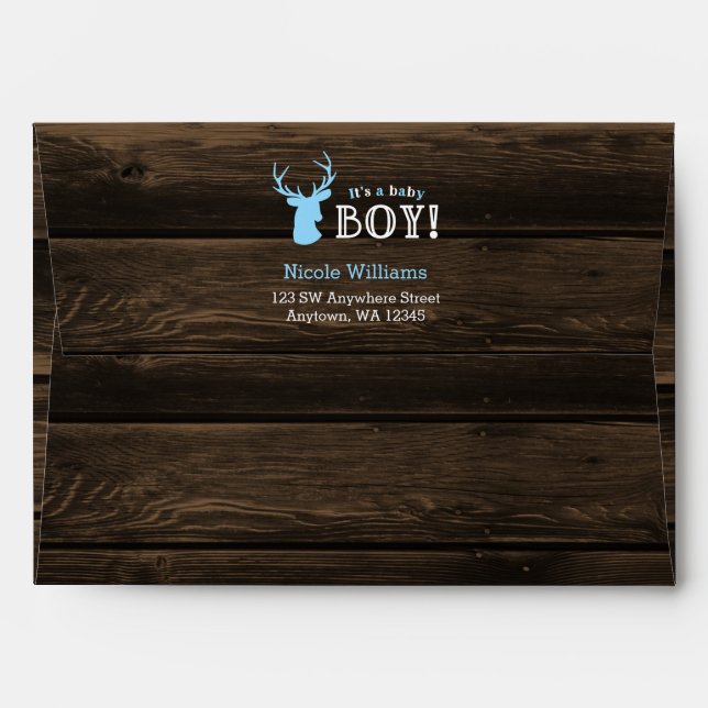 Rustic Wood Blue Deer Boy Baby Shower Envelope (Back (Top Flap))