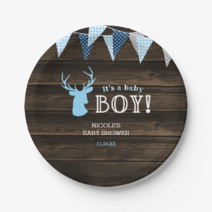 Rustic Wood Blue Deer Boy Baby Shower Paper Plate