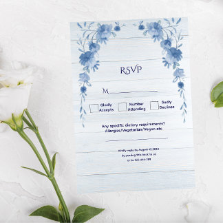 Rustic Wood Blue Floral Elegant Wedding RSVP Card