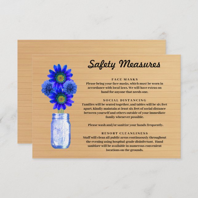 Rustic Wood Blue Floral Mason Jar Safety Measures Enclosure Card (Front/Back)