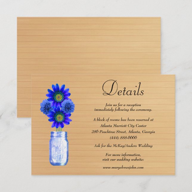 Rustic Wood Blue Floral Mason Jar Wedding Details Enclosure Card (Front/Back)