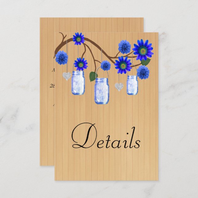 Rustic Wood Blue Floral Mason Jars Wedding Details Enclosure Card (Front/Back)